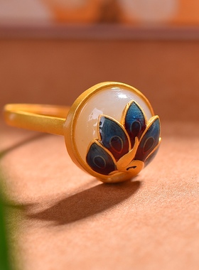 S925银镀18K金镶和田玉白玉蛋面女宫廷复古戒指戒圈汉服配饰指环