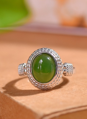 S925银镀18K金镶和田玉碧玉蛋面女宫廷复古戒指戒圈汉服配饰指环