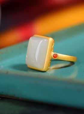 S925银镀18K金镶和田玉白玉方形女宫廷复古戒指戒圈汉服配饰指环