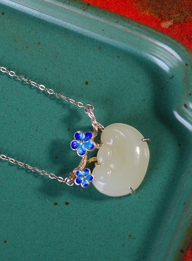 S925银镀18K金镶和田玉如意锁珐琅宫廷复古吊坠汉服配饰玉坠项链