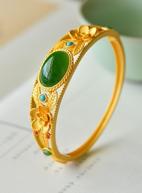 S925银镀18K金镶新疆和田玉碧玉蛋面宫廷复古汉服配饰手镯女士镯