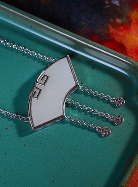 S925银镀18K金镶和田白玉扇形珐琅宫廷复古吊坠汉服配饰玉坠项链