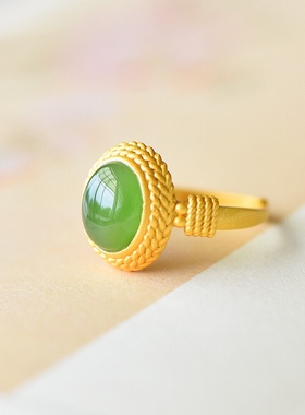 S925银镀18K金镶和田玉碧玉蛋面女宫廷复古戒指戒圈汉服配饰指环