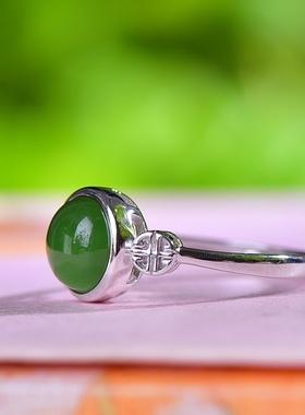 S925银镀18K金镶和田玉碧玉蛋面女宫廷复古戒指戒圈汉服配饰指环