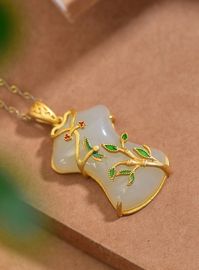 S925银镀18K金镶和田白玉旗袍珐琅宫廷复古吊坠汉服配饰玉坠项链