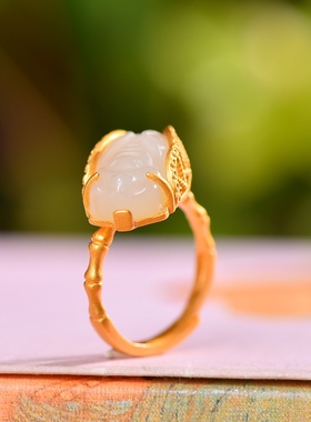 S925银镀18K金镶和田玉白玉知了女宫廷复古戒指戒圈汉服配饰指环