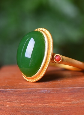 S925银镀18K金镶和田玉碧玉蛋面女宫廷复古戒指戒圈汉服配饰指环