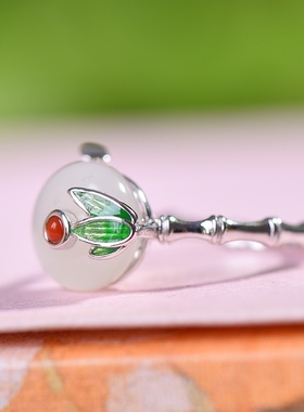 S925银镀18K金镶和田玉白玉平安扣宫廷复古戒指戒圈汉服配饰指环