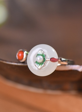 S925银镀18K金镶和田玉白玉平安扣宫廷复古戒指戒圈汉服配饰指环