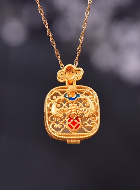 S925银镀18K金镶和田白玉方形珐琅宫廷复古吊坠汉服配饰玉坠项链