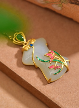 S925银镀18K金镶和田白玉旗袍珐琅宫廷复古吊坠汉服配饰玉坠项链