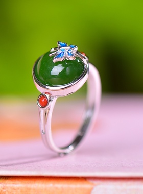 S925银镀18K金镶和田玉碧玉蛋面女宫廷复古戒指戒圈汉服配饰指环