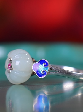 S925银镀18K金镶和田玉白玉荷花女宫廷复古戒指戒圈汉服配饰指环