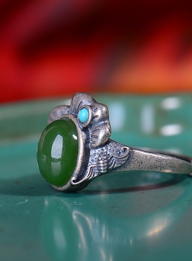 S925银镀18K金镶和田玉碧玉蛋面女宫廷复古戒指戒圈汉服配饰指环