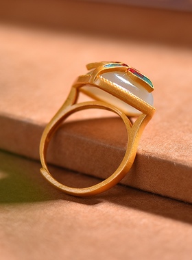 S925银镀18K金镶和田玉白玉荷花女宫廷复古戒指戒圈汉服配饰指环