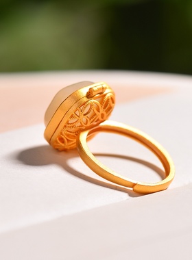 S925银镀18K金镶和田玉白玉方形女宫廷复古戒指戒圈汉服配饰指环