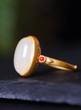 S925银镀18K金镶和田玉白玉蛋面女宫廷复古戒指戒圈汉服配饰指环