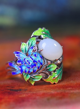 S925银镀18K金镶和田玉白玉孔雀女宫廷复古戒指戒圈汉服配饰指环