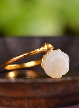 S925银镀18K金镶和田玉白玉莲蓬女宫廷复古戒指戒圈汉服配饰指环