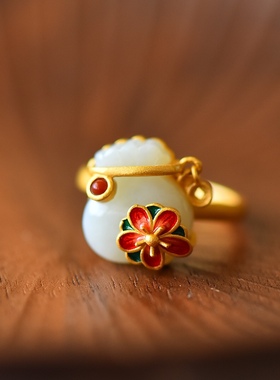 S925银镀18K金镶和田玉白玉福袋女宫廷复古戒指戒圈汉服配饰指环