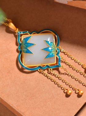 S925银镀18K金镶和田白玉方形珐琅宫廷复古吊坠汉服配饰玉坠项链