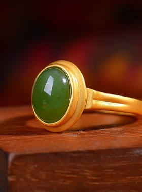 S925银镀18K金镶和田玉碧玉蛋面女宫廷复古戒指戒圈汉服配饰指环