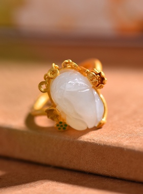 S925银镀18K金镶和田玉白玉貔貅女宫廷复古戒指戒圈汉服配饰指环