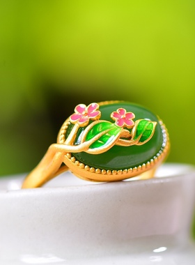 S925银镀18K金镶和田玉碧玉蛋面女宫廷复古戒指戒圈汉服配饰指环