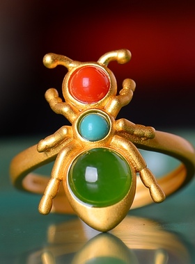 S925银镀18K金镶和田玉碧玉蛋面女宫廷复古戒指戒圈汉服配饰指环