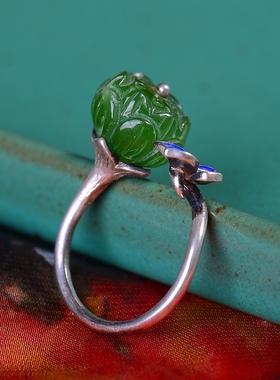 S925银镀18K金镶和田玉碧玉莲花珠宫廷复古戒指戒圈汉服配饰指环