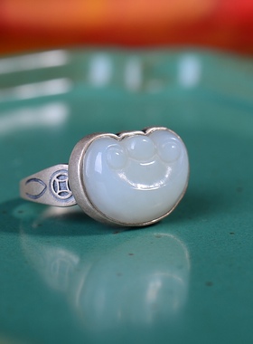 S925银镀18K金镶和田玉白玉如意女宫廷复古戒指戒圈汉服配饰指环