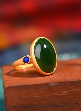 S925银镀18K金镶和田玉碧玉蛋面女宫廷复古戒指戒圈汉服配饰指环