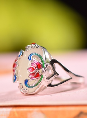 S925银镀18K金镶和田玉白玉蛋面女宫廷复古戒指戒圈汉服配饰指环