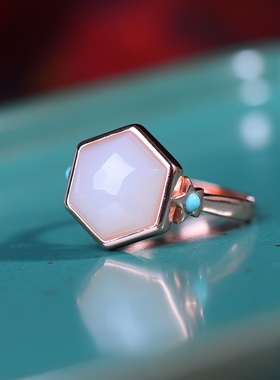 S925银镀18K金镶和田玉白玉六棱女宫廷复古戒指戒圈汉服配饰指环