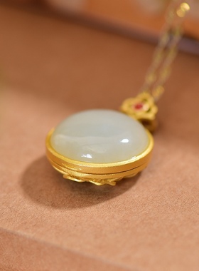 S925银镀18K金镶和田白玉蛋面珐琅宫廷复古吊坠汉服配饰玉坠项链