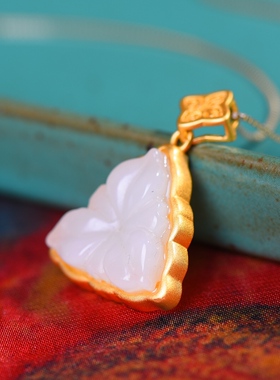 S925银镀18K金镶和田白玉三角花形珐琅复古吊坠汉服配饰玉坠项链