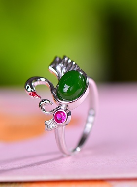 S925银镀18K金镶和田玉碧玉天鹅女宫廷复古戒指戒圈汉服配饰指环