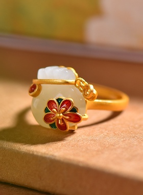 S925银镀18K金镶和田玉白玉钱袋女宫廷复古戒指戒圈汉服配饰指环