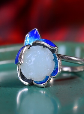 S925银镀18K金镶和田玉白玉莲花女宫廷复古戒指戒圈汉服配饰指环