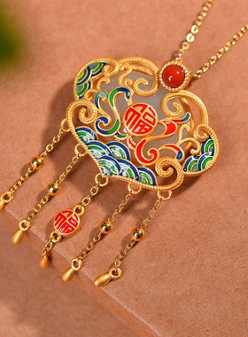 S925银镀18K金镶和田玉白玉如意锁宫廷复古吊坠汉服配饰玉坠项链