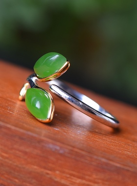 S925银镀18K金镶和田玉碧玉树叶女宫廷复古戒指戒圈汉服配饰指环