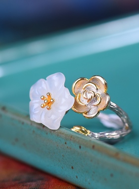 S925银镀18K金镶和田玉白玉紫荆花宫廷复古戒指戒圈汉服配饰指环