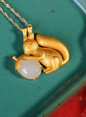 S925银镀18K金镶和田白玉松鼠珐琅宫廷复古吊坠汉服配饰玉坠项链