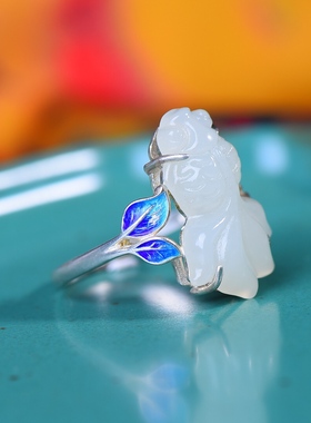 S925银镀18K金镶和田玉白玉金鱼女宫廷复古戒指戒圈汉服配饰指环