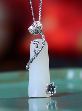 S925银镀18K金镶和田白玉梯形珐琅宫廷复古吊坠汉服配饰玉坠项链