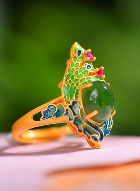 S925银镀18K金镶和田玉蛋面孔雀女宫廷复古戒指戒圈汉服配饰指环