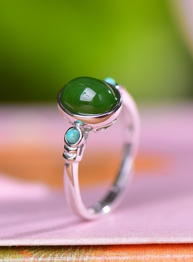 S925银镀18K金镶和田玉碧玉蛋面女宫廷复古戒指戒圈汉服配饰指环