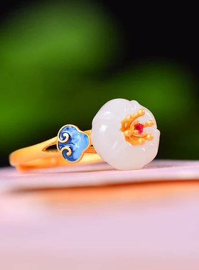 S925银镀18K金镶和田玉白玉莲花女宫廷复古戒指戒圈汉服配饰指环