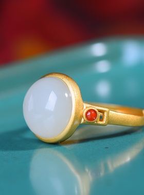 S925银镀18K金镶和田玉白玉蛋面女宫廷复古戒指戒圈汉服配饰指环