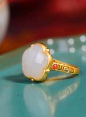 S925银镀18K金镶和田玉白玉花朵女宫廷复古戒指戒圈汉服配饰指环